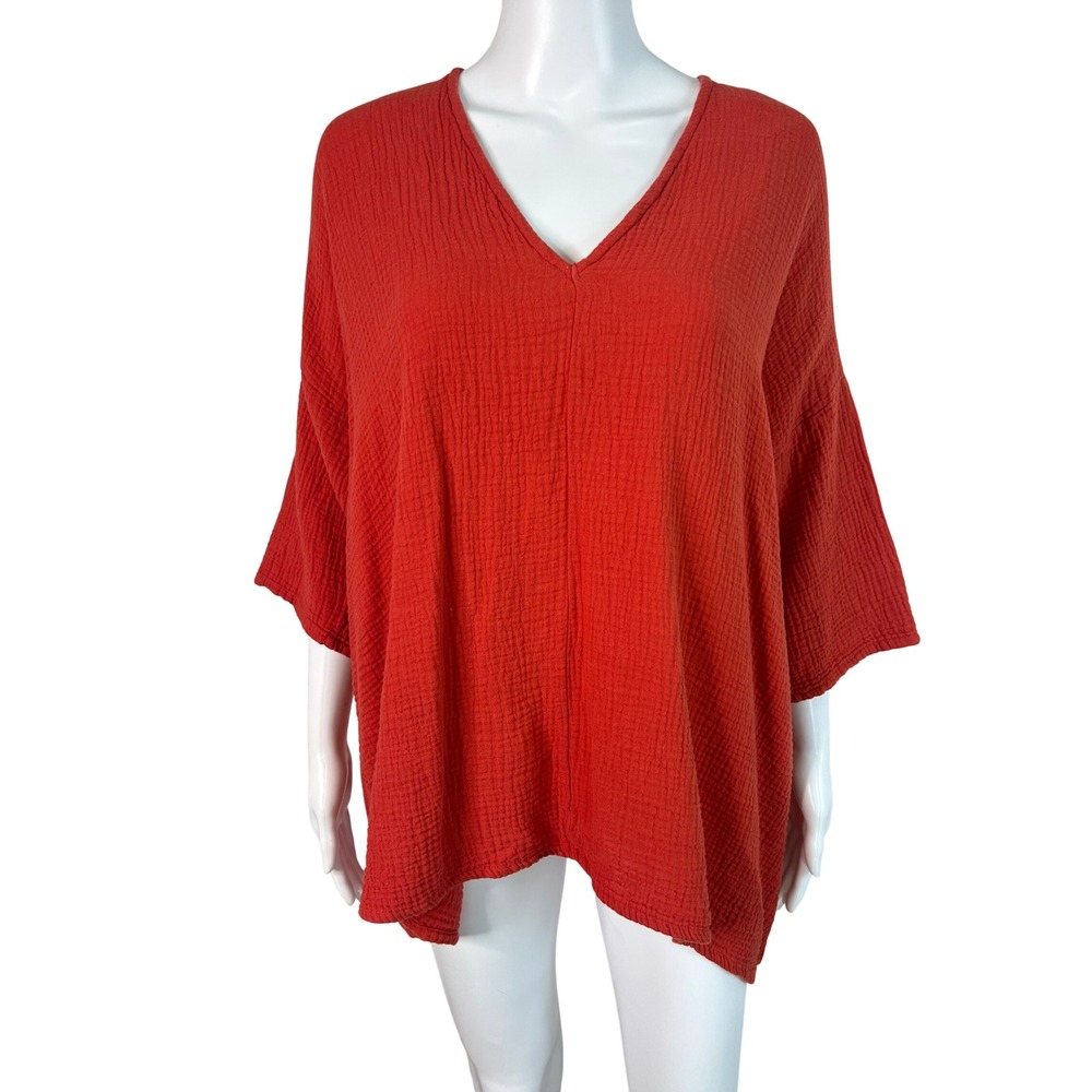Bryn Walker Red Double Gauze Cotton V-Neck Oversized Tunic Top XS Spice